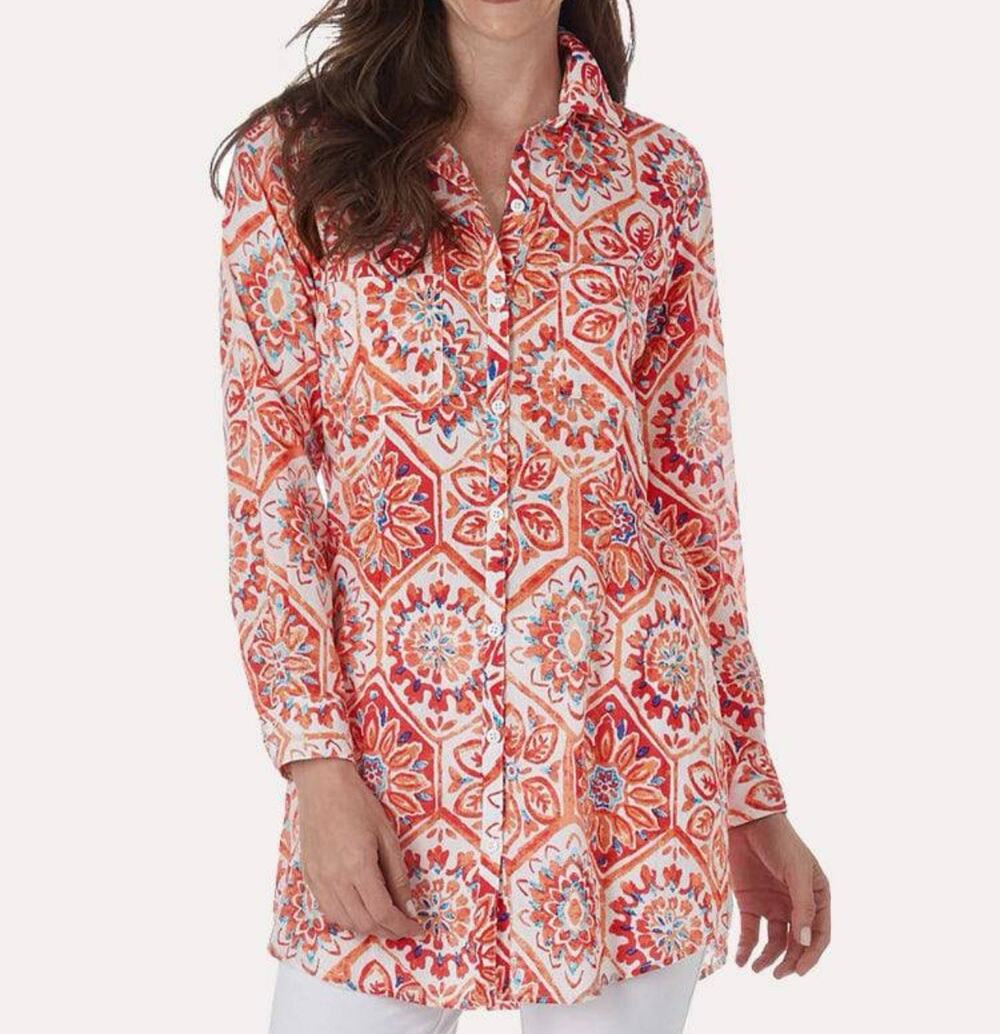 Jude Connally Callie Tunic Top Size S Orange Floral Long Sleeve Button Up Artsy